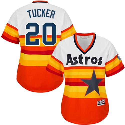 Astros #20 Preston Tucker White/Orange Alternate Cooperstown Women's Stitched MLB Jersey - Click Image to Close